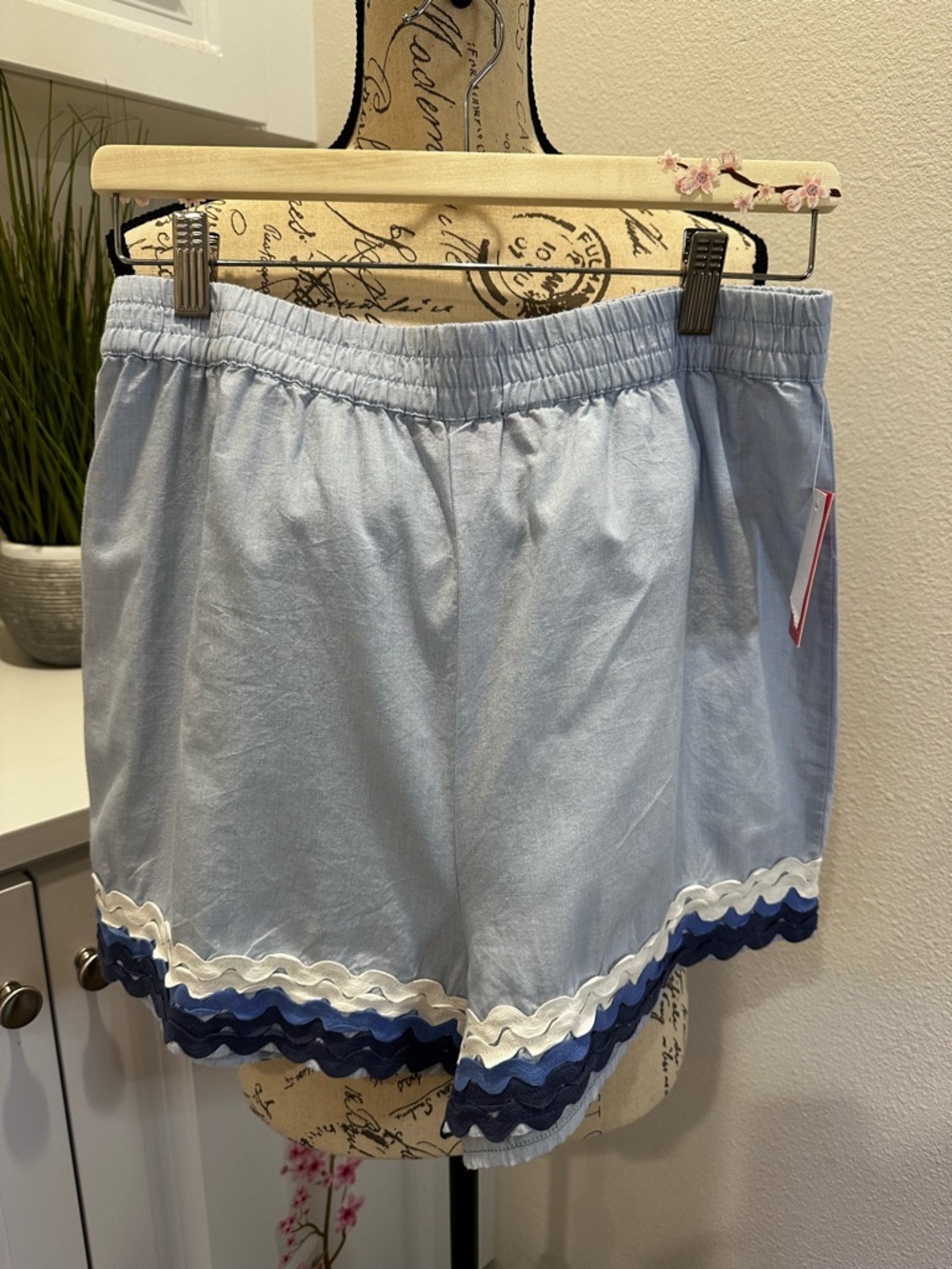Simply Southern Light Blue High-Waist Shorts with Navy & White Rickrack
